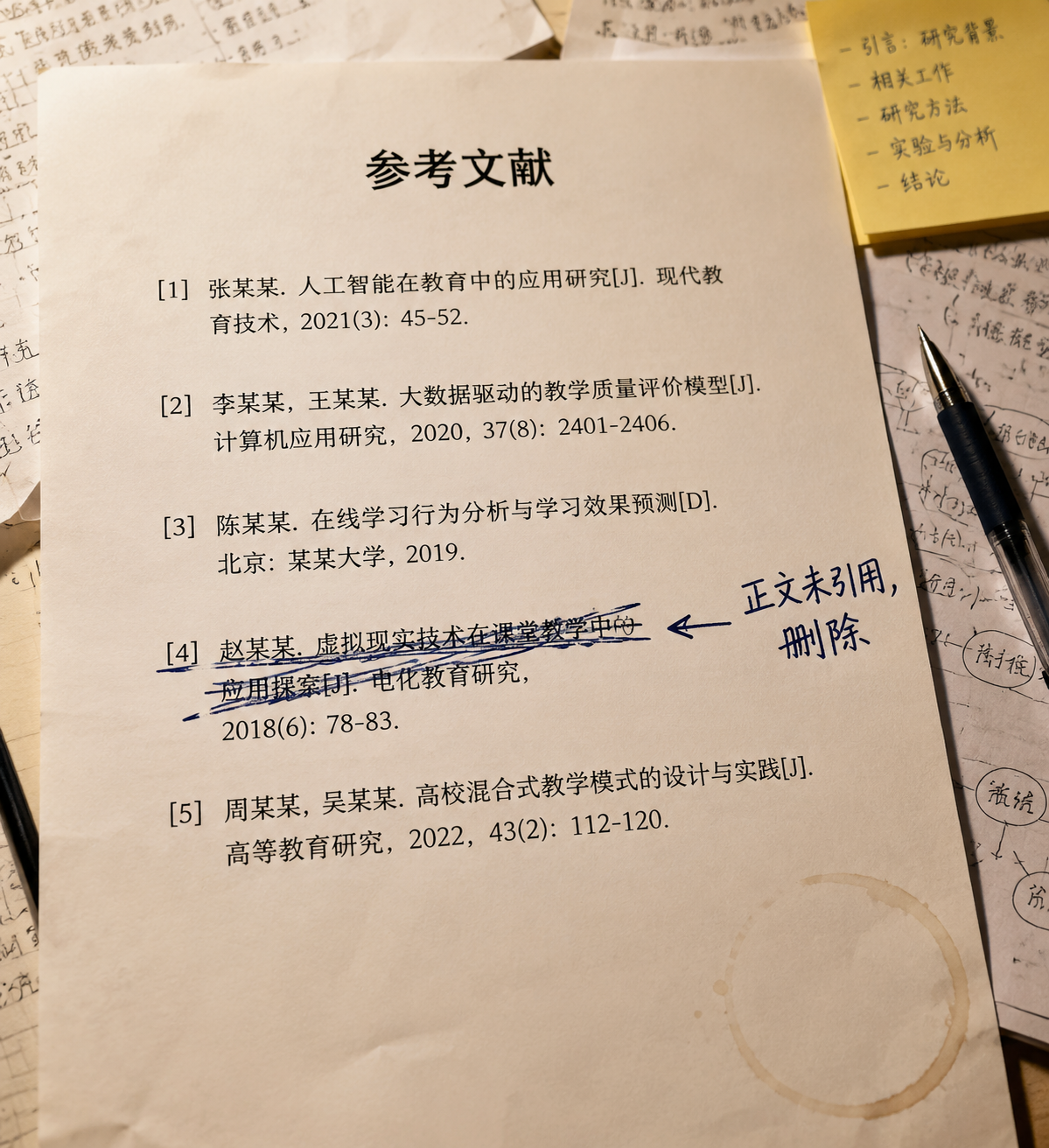 打印的参考文献列表,一条条目被圆珠笔划掉,旁有手写“正文未引用,删除”及箭头指向该条目,背景为杂乱草稿纸。