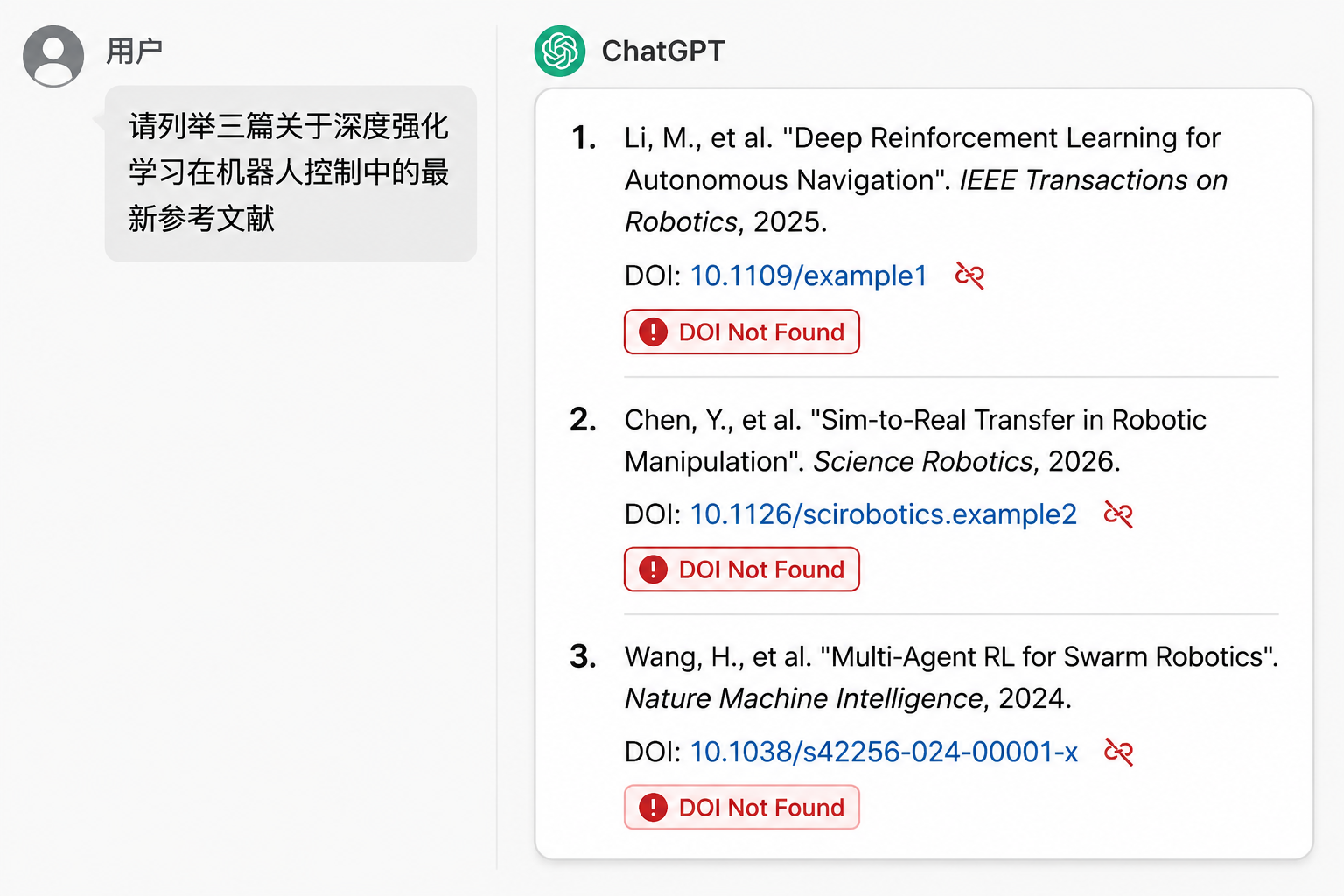 聊天界面显示ChatGPT回复的三条参考文献均带有红色“DOI Not Found”警告,揭示虚假文献问题。