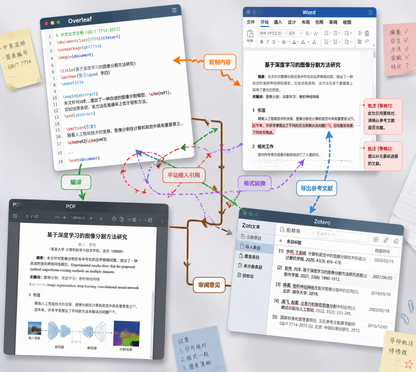 碎片化的中文学术写作工具桌面示意图,Overleaf、Zotero、Word和PDF窗口被凌乱箭头连接,凸显流程割裂感。