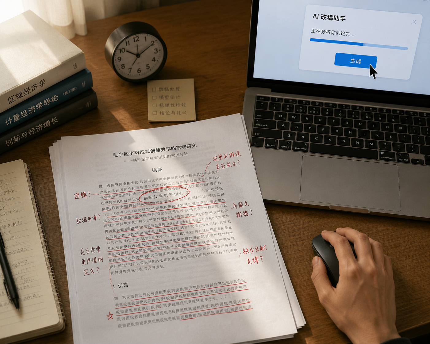 俯拍书桌,红笔标注的论文稿与笔记本电脑屏幕上的“生成”按钮,鼠标悬停,表达犹豫情绪。