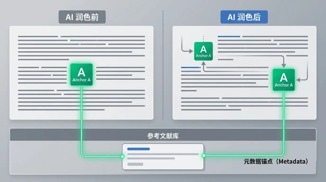 逻辑示意图展示元数据锚点如何连接段落与参考文献,即使 AI 润色使文本重排,链接依然稳固。