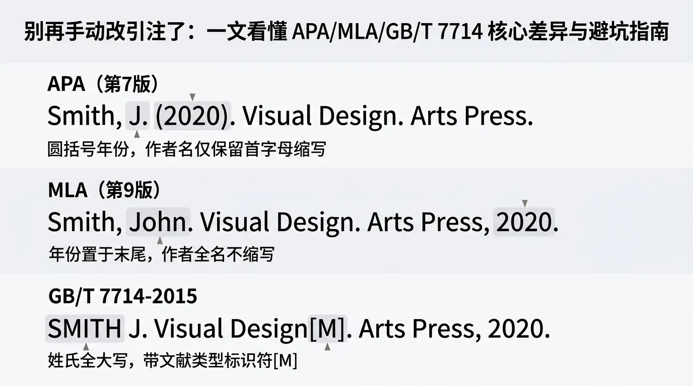 APA、MLA 与 GB/T 7714 引用格式微观对比图,展示了标点、年份及姓名格式的差异。