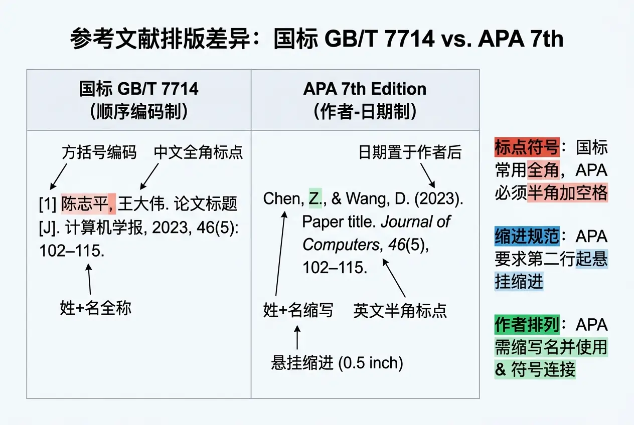 国标 GB/T 7714 与 APA 7th 参考文献格式对比图,标注了标点、缩进和作者名差异。