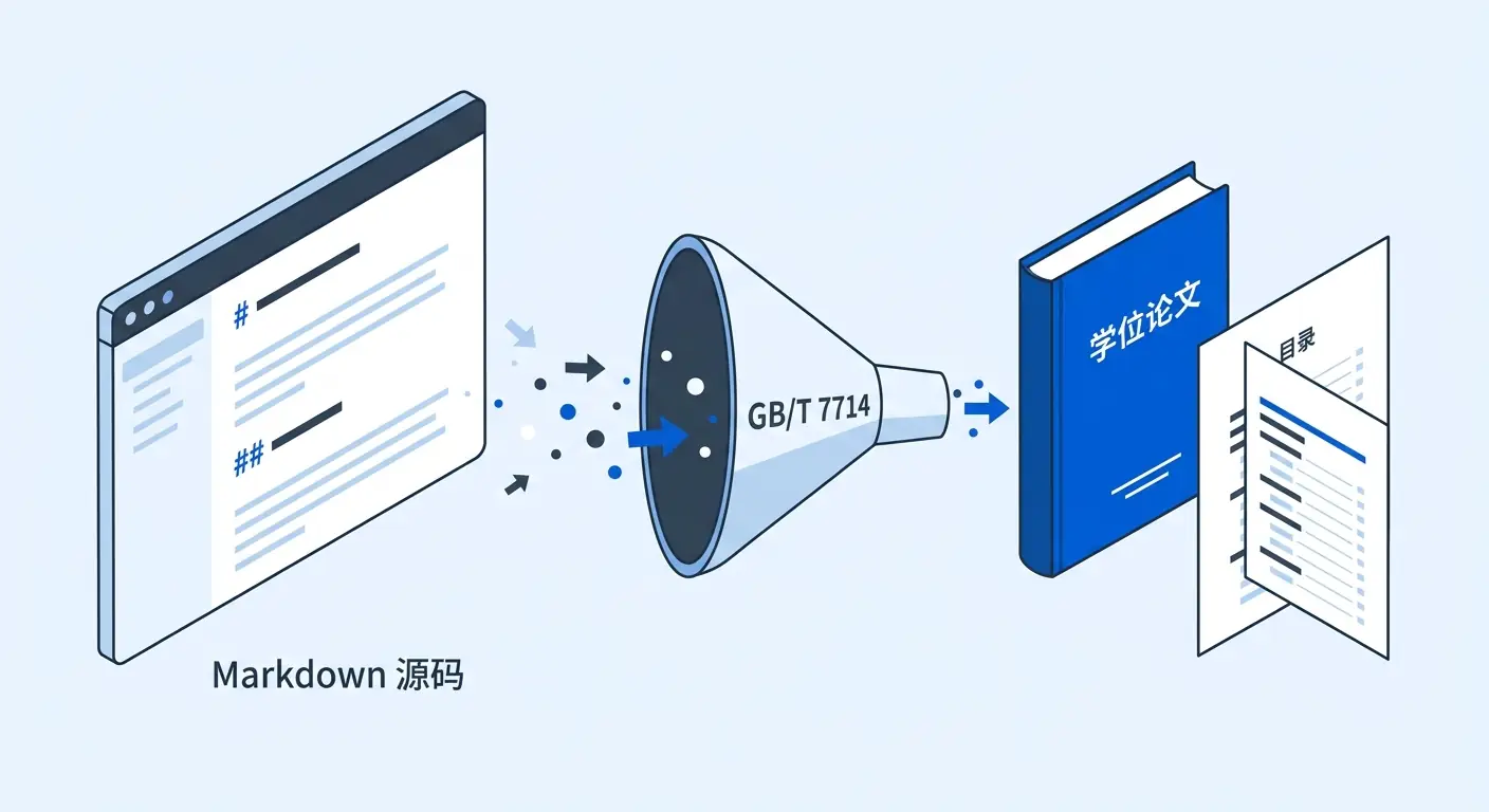 InkFount 导出功能示意图:Markdown 源码通过 GB/T 7714 规范漏斗转化为正式的学位论文封面和目录。