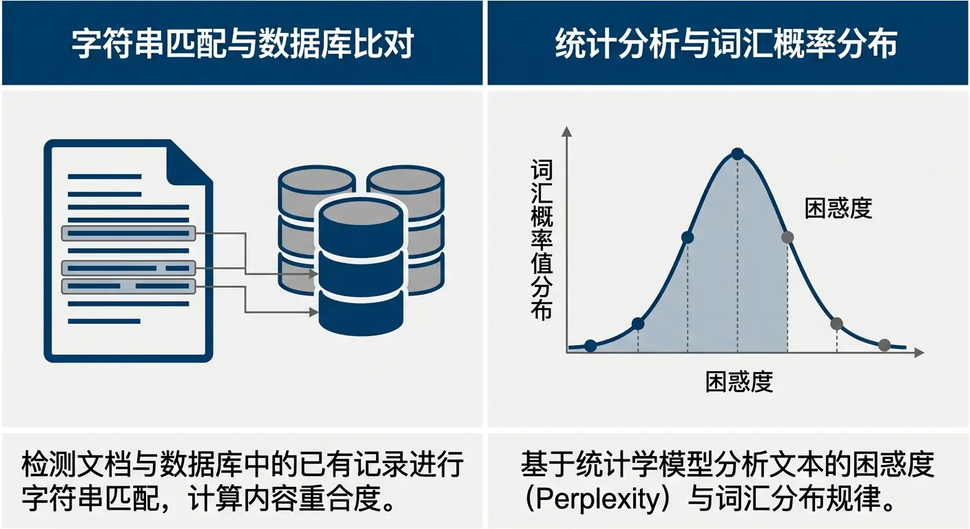 对比传统文本查重(字符串匹配)与AIGC痕迹检测(统计分析)底层逻辑的学术示意图。