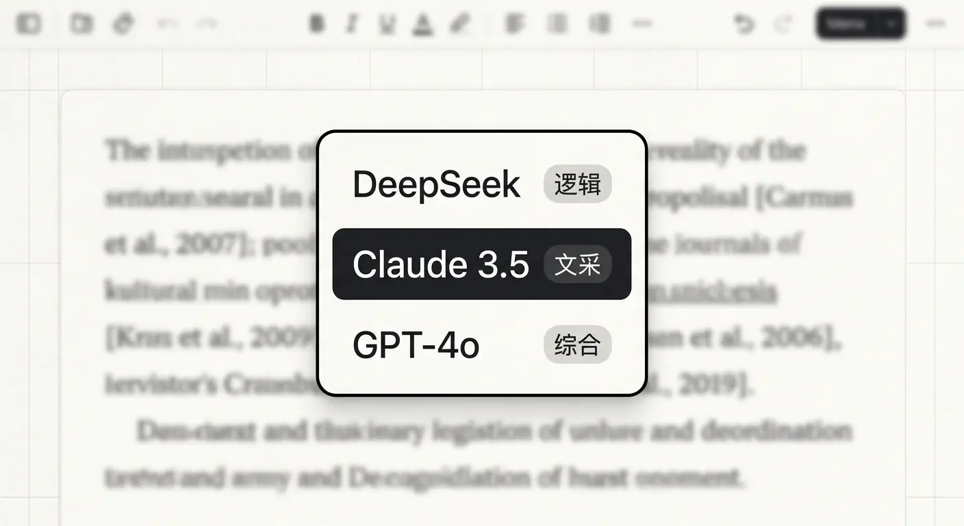 InkFount 编辑器界面示意图,悬浮菜单并列展示 DeepSeek(逻辑)、Claude 3.5(文采)和 GPT-4o(综合)的模型选择列表。