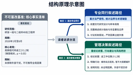 核心事实清单分流为专业同行与管理层叙述路径的结构原理示意图