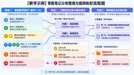 教学笔记（编号1-10）分类筛选并映射到核心问题与提纲的流程示意图