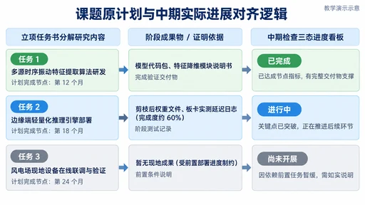 课题立项任务书分解内容、阶段交付成果与中期三态进度看板逐项对齐教学演示流程图