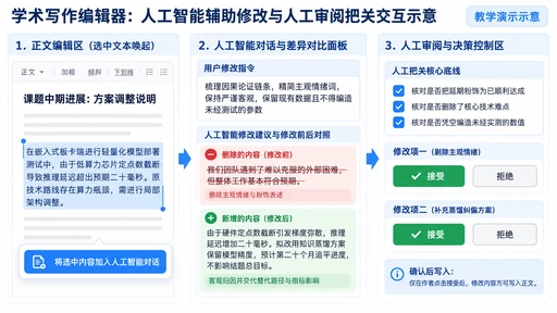 学术写作编辑器中选中段落唤起 AI 对话、红绿高亮差异对比与逐项接受拒绝审阅交互教学示意图