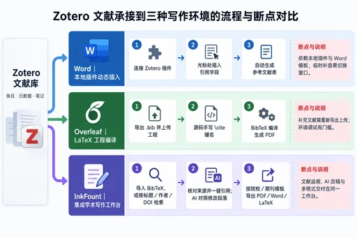 Zotero 文献流向 Word、Overleaf 与 InkFount 三种写作环境的路径与工作流对比示意图