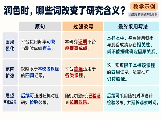 教学示例：对照原句、过强改写与最终采用写法，高亮因果强化、范围扩张和展望被写成成果的词语。