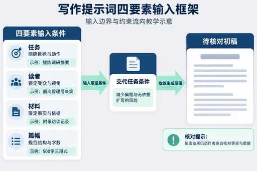 AI写作提示词四要素输入框架与约束流向教学示意图