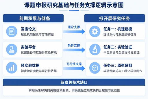 课题申报论证逻辑图:前期积累与拟开展任务支撑关系及技术缺口示意
