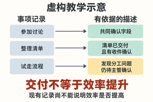 虚构教学示意:参加讨论、整理清单、试走流程对应共同确认字段、交付及收件确认、分工仍待确认,交付不等于效率提升。