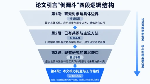 论文引言倒漏斗四段逻辑结构示意图:从研究对象、已有共识、未尽缺口到本文核心问题逐层收敛