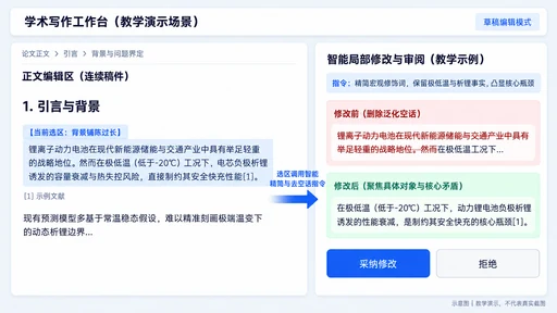 学术写作工作台选段修改与审阅面板示意图:左侧引言草稿选区,右侧AI对比建议与采纳拒绝