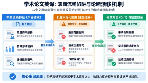 学术论文英译中表面流畅陷阱与学术论断漂移机制对比示意图