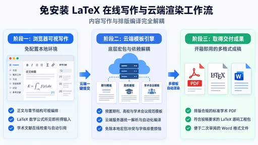 免安装 LaTeX 环境的在线编写与云端渲染三阶段流程图