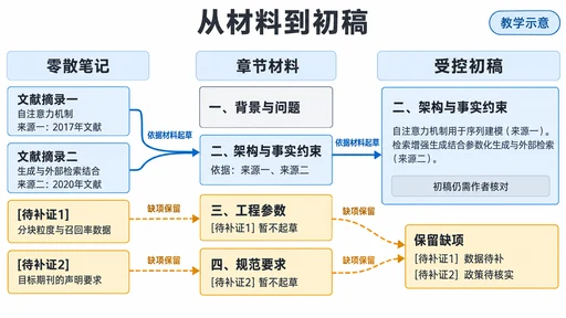 教学示意:文献摘录按章节整理后形成待核对初稿,两条待补证信息始终保留,不生成结论。