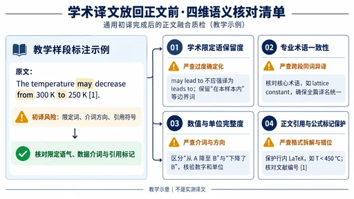 学术译文放回正文前的四维语义核对清单教学示意图