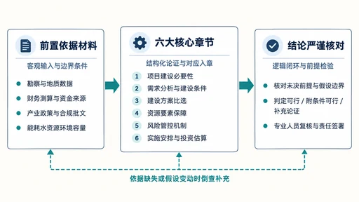 可行性研究报告推导闭环示意图：从前置依据到六大核心章节再到结论核对