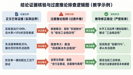 论文结论证据核验与过度推论排查逻辑示意图