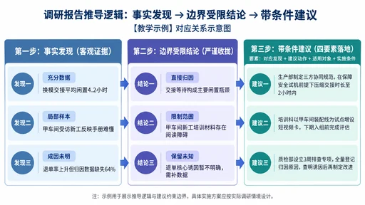 调研报告从事实发现到受限结论及带条件建议的推导流程图
