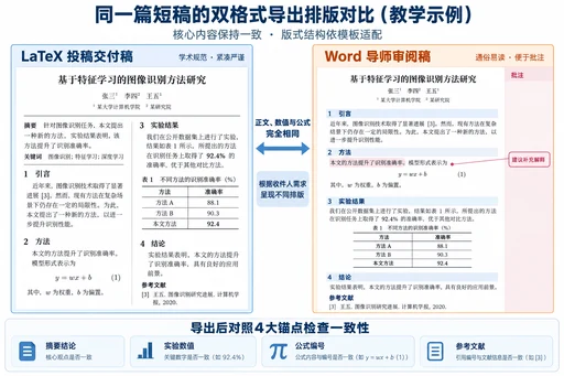 同一教学短稿在LaTeX双栏排版与Word单栏批注排版下的导出效果对比示意图