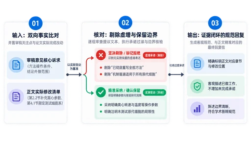 审稿回复草稿与正文实际修改精准对齐与核对过滤流程图