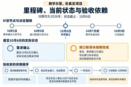 教学示意：2026年项目计划节点与10月6日状态；导出接口待权限开放，完成联调后需一天回归，10月9日验收存在风险。