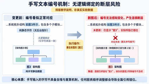 手写文本编号机制示意图:删去图2后静态字符与图题未联动导致编号断层与错位