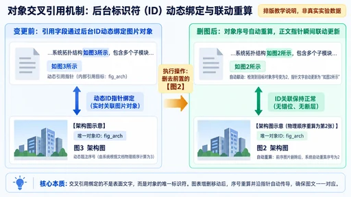对象交叉引用机制示意图:通过唯一ID绑定图片对象,删图后序号重算并自动联动更新为如图2所示