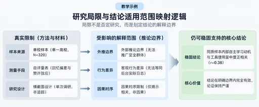 研究局限与结论适用范围映射示意图:展示真实限制、受影响解释范围与稳固支持结论的三栏对应逻辑