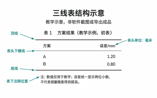 三线表教学结构示意:方案A误差1.20、B误差0.80,单位mm,标出顶线、表头下横线、底线与表下注释位置。