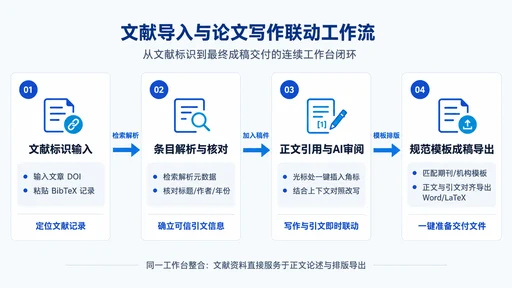 文献导入与写作联动全流程图:从 DOI/BibTeX 导入、解析核对、正文引用与 AI 审阅到成稿导出