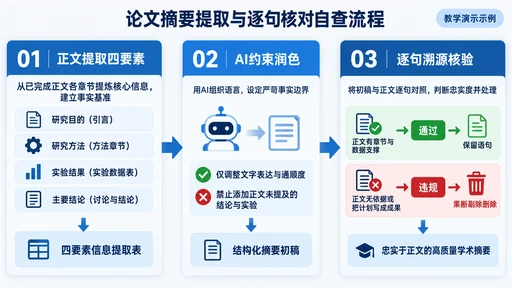 论文摘要四要素提取与正文逐句自查核对流程示意图(教学演示)