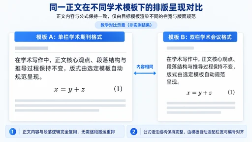 学术论文单栏期刊模板与双栏会议模板排版效果并排对比教学示意图