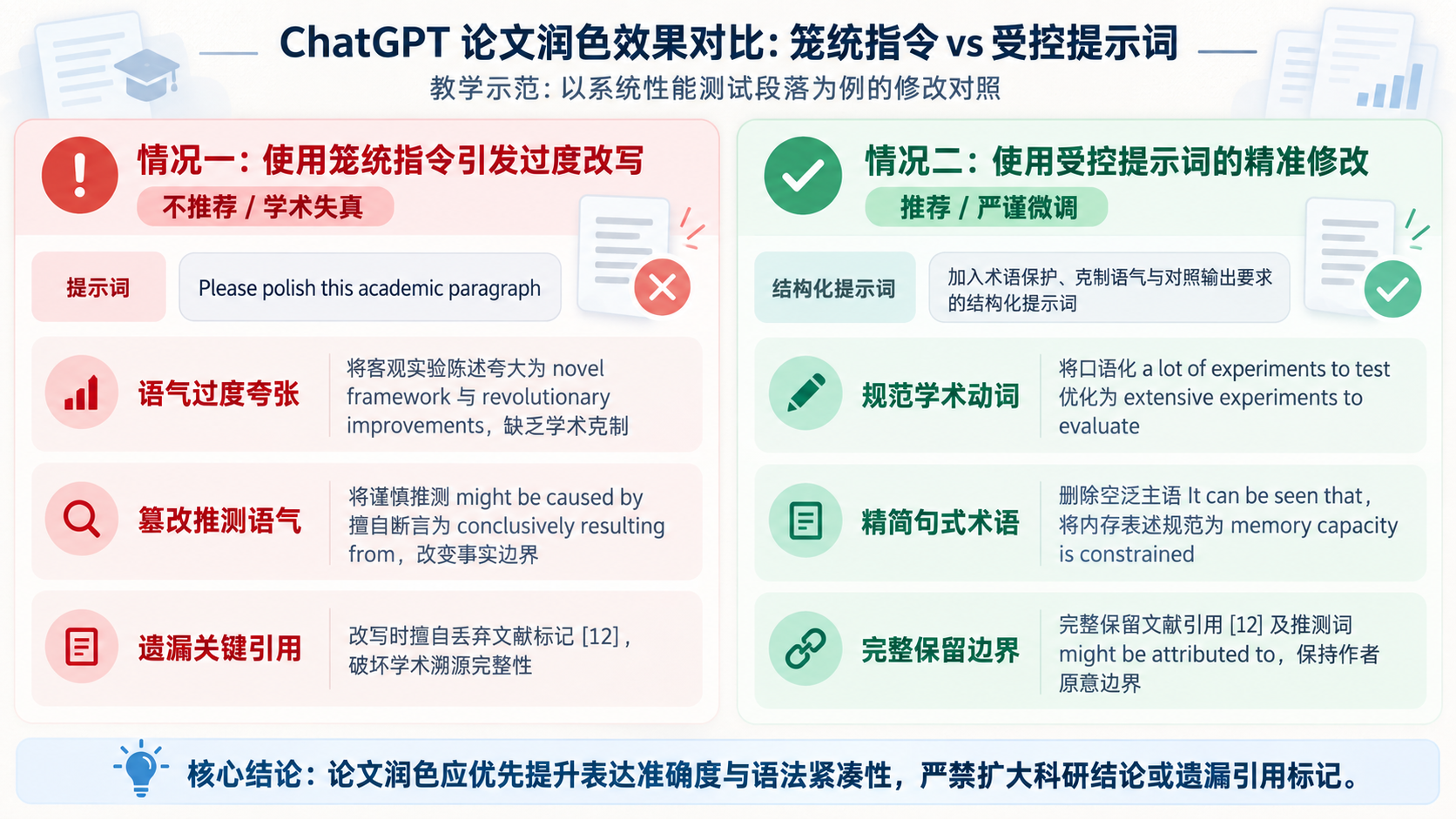 ChatGPT 论文润色效果对比图:对比笼统指令的过度改写失误与受控提示词的规范微调