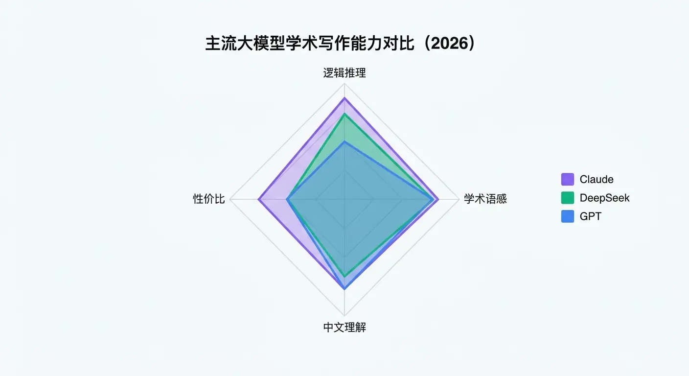 Claude、DeepSeek 与 GPT 在逻辑推理、学术语感、中文理解和性价比四个维度的对比雷达图。