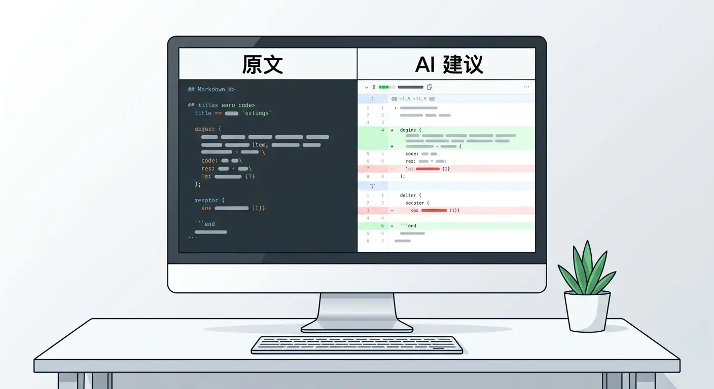 显示器分屏展示 Markdown 源码与带有红绿对比的 AI 修改建议,背景为极简现代书房。