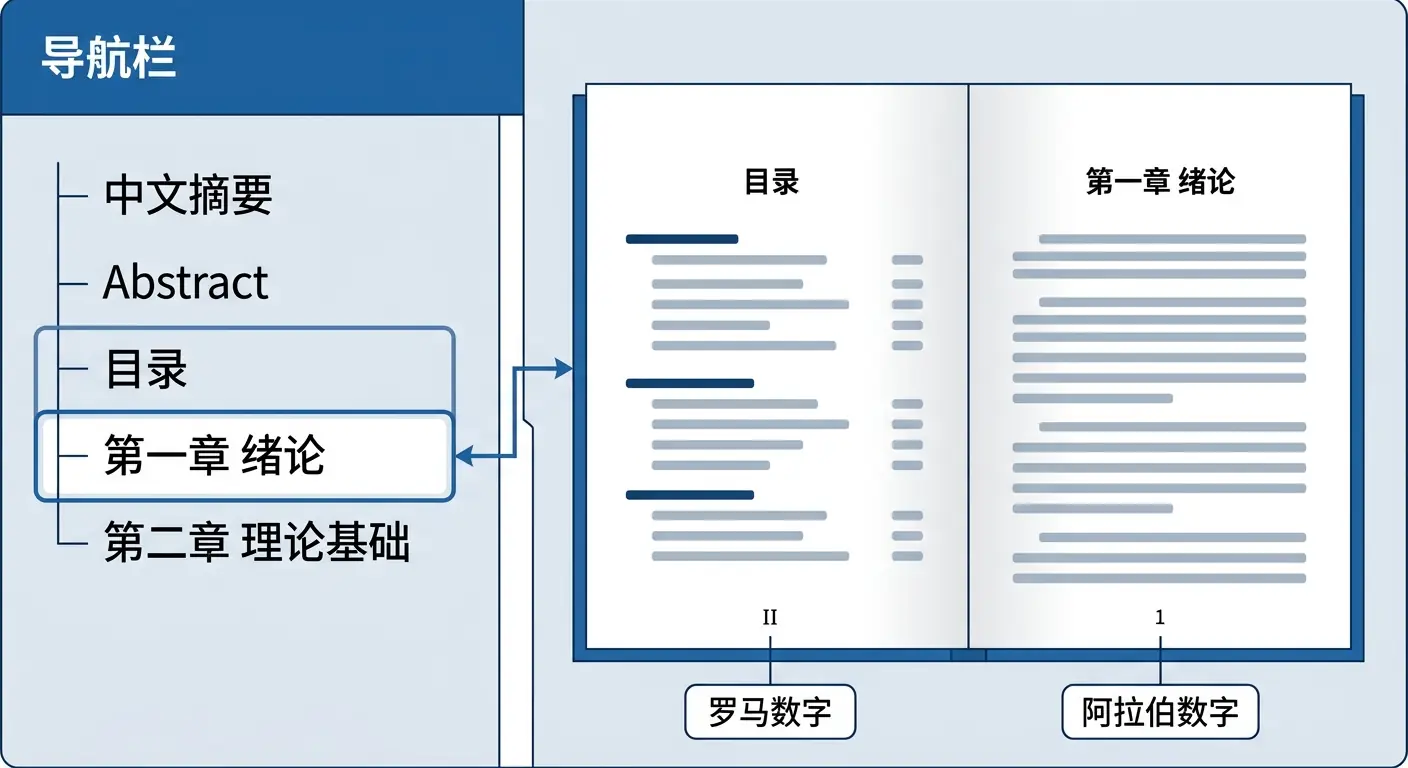 学位论文结构示意图:展示侧边栏目录及页码从罗马数字(II)到阿拉伯数字(1)的切换过程。