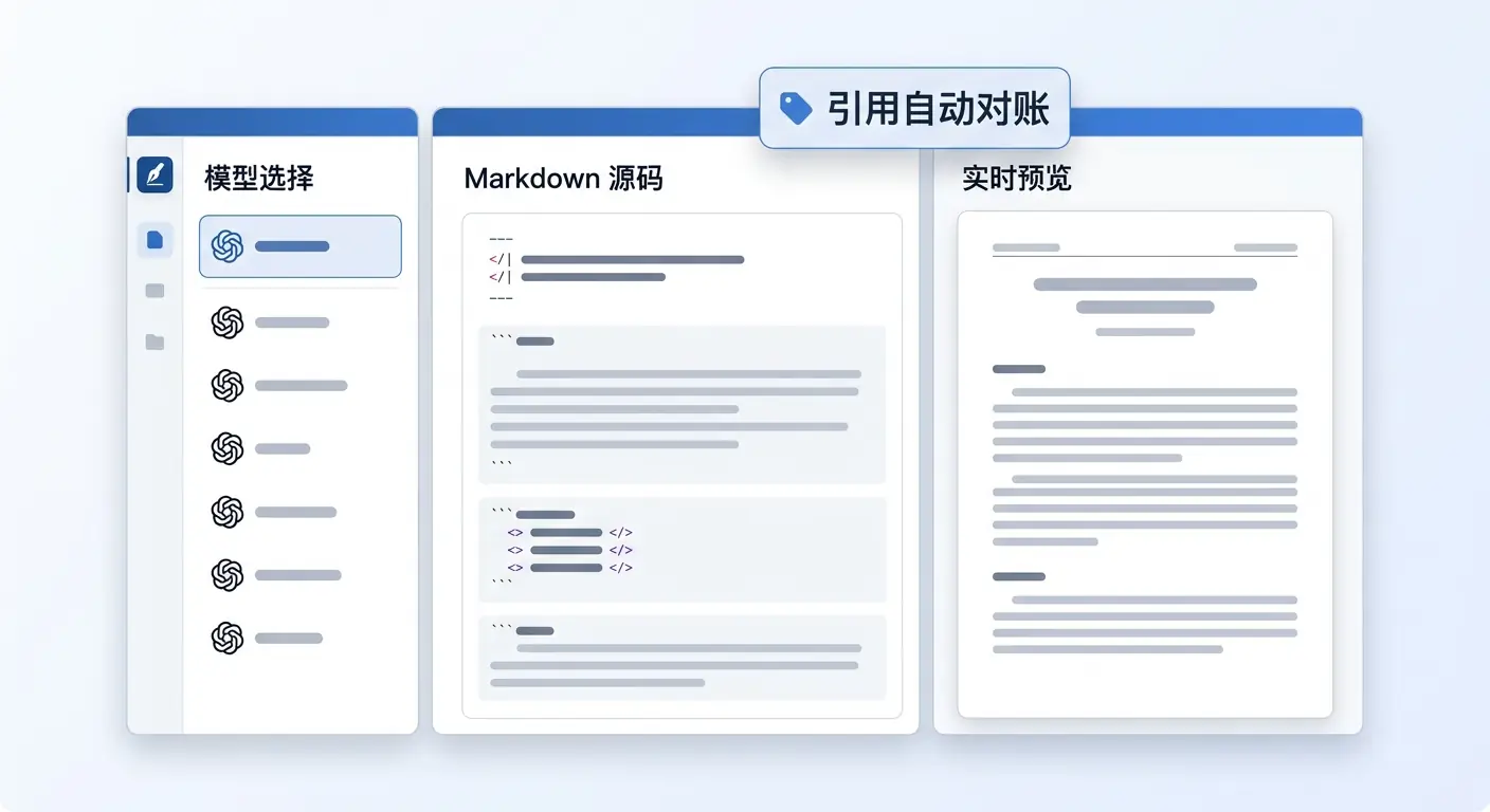 InkFount 专业工作台界面示意图,展示模型选择、Markdown 编辑与实时预览。