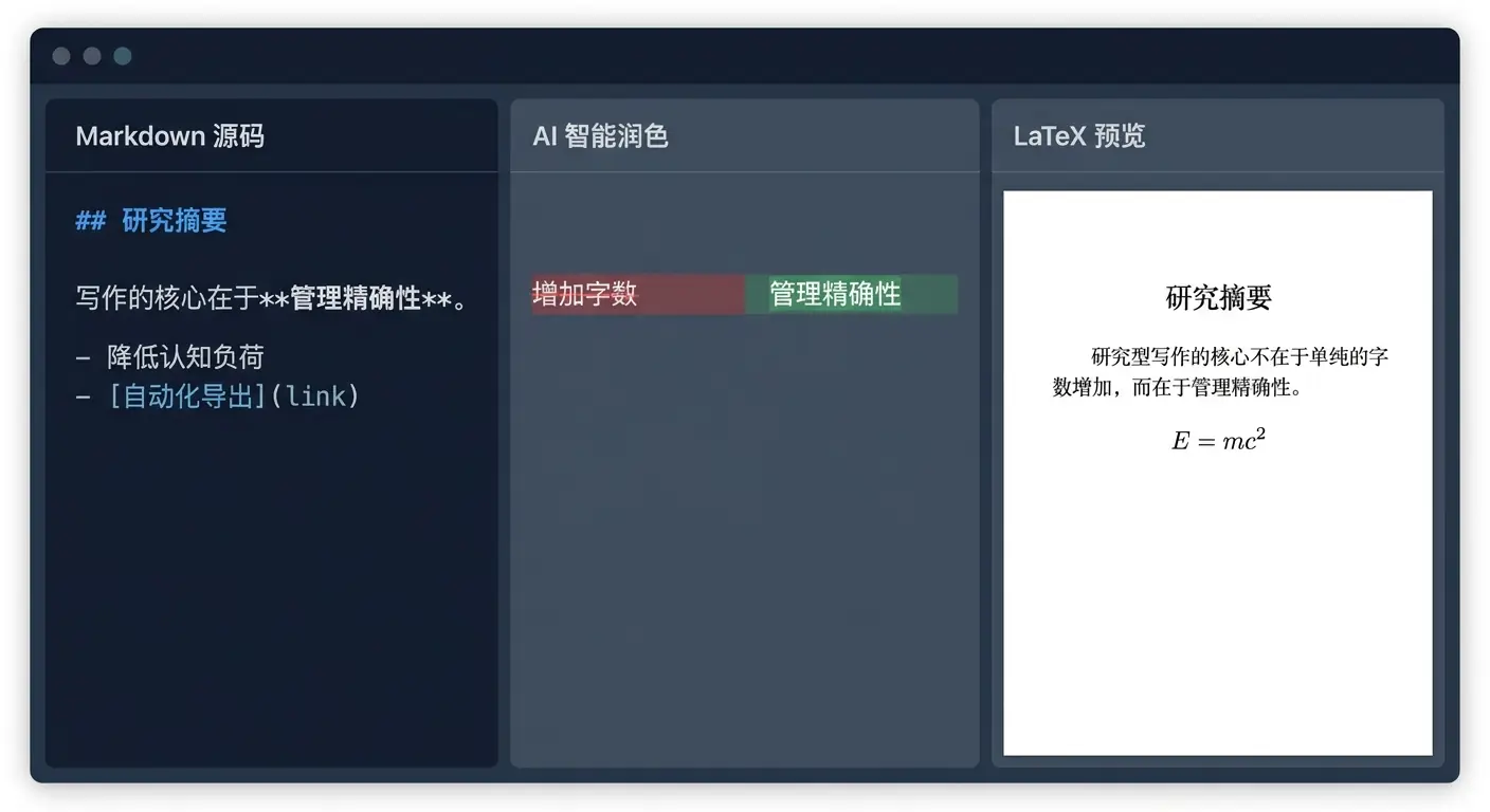 学术写作三栏界面:左侧 Markdown 源码,中间 AI 智能润色对比,右侧 LaTeX 最终预览效果。