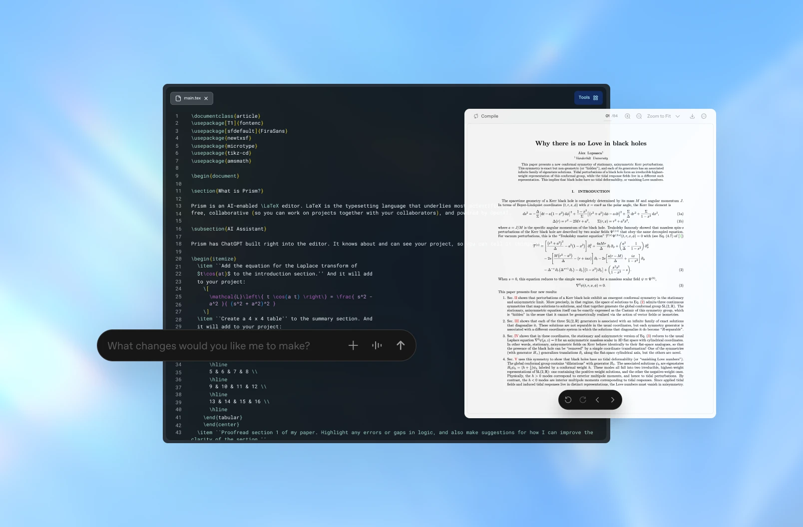 OpenAI Prism 的 LaTeX 编辑界面,左侧为源码,右侧为 PDF 预览,带有 AI 辅助功能按钮。