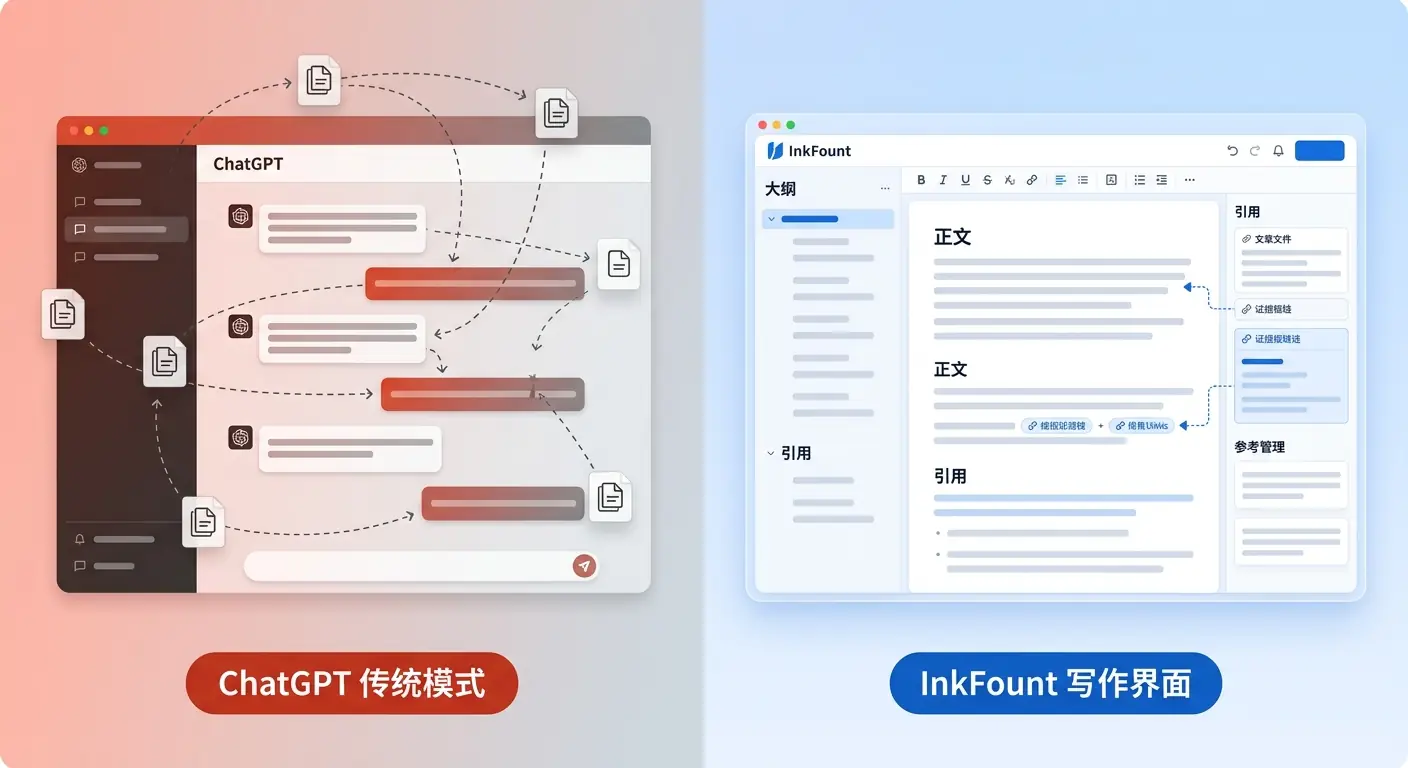 分屏对比图:左侧是杂乱的ChatGPT对话与繁琐的复制粘贴,右侧是整洁高效的InkFount写作工作台。