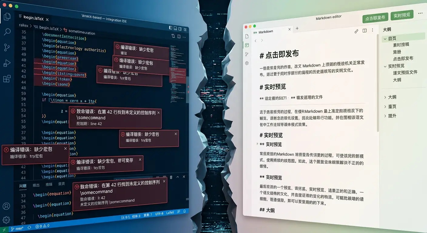 左侧为复杂的 LaTeX 源码与报错,右侧为简洁的 Markdown 界面,中间是象征断层的深邃鸿沟。