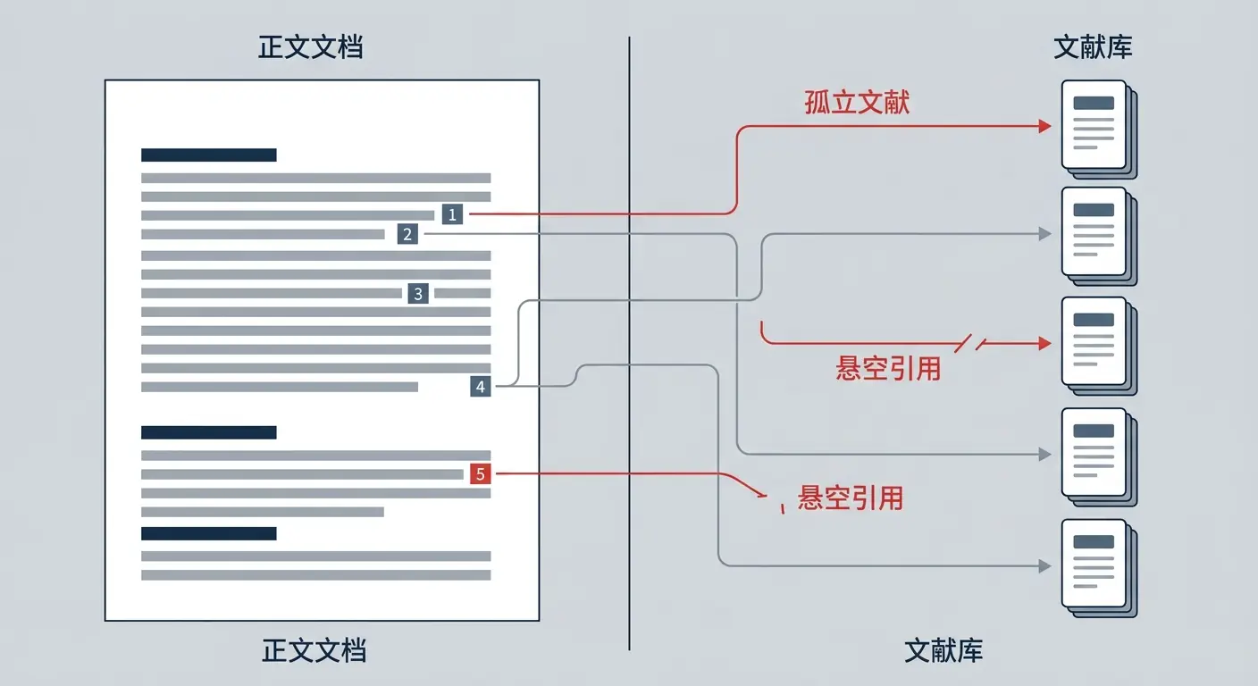 一张展示文档与文献库连接关系的审计示意图,红色线条标示出断裂的“孤立文献”与“悬空引用”。