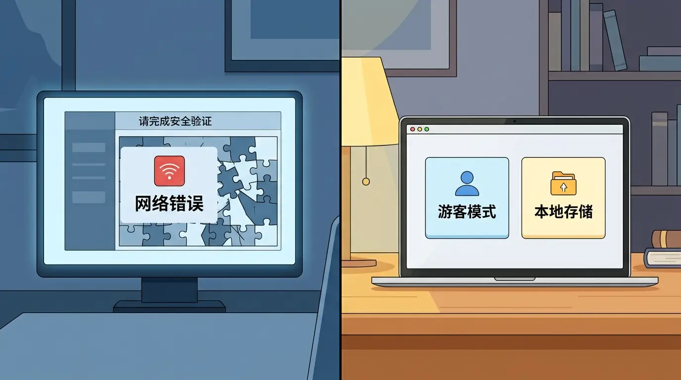 Prism 与 InkFount 登录界面对比图:左侧显示网络错误与繁琐验证,右侧显示简洁的游客模式与温暖氛围。