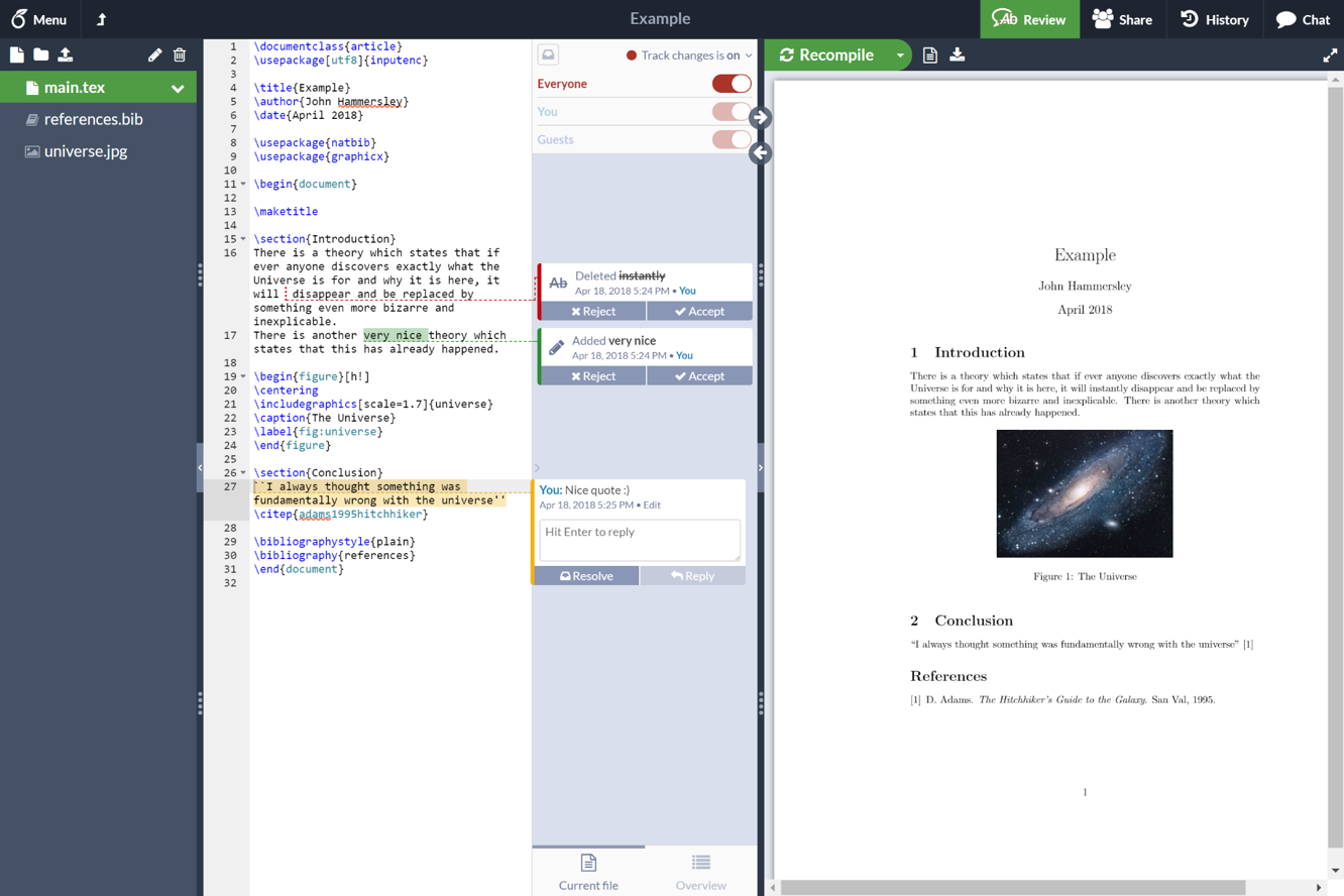Overleaf 协作编辑界面,展示 LaTeX 源代码与 PDF 实时预览,顶部有协作者头像和评论气泡。